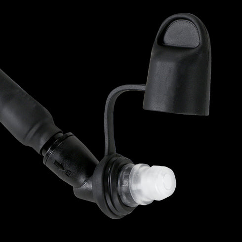 Close-up of the Condor Torrent Reservoir Gen IIs black plastic hydration tube bite valve, featuring a protective cap secured by a flexible strap.